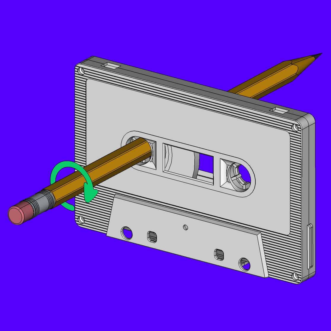 A diagram of how a pencil can be used to rewind an audio cassette tape.