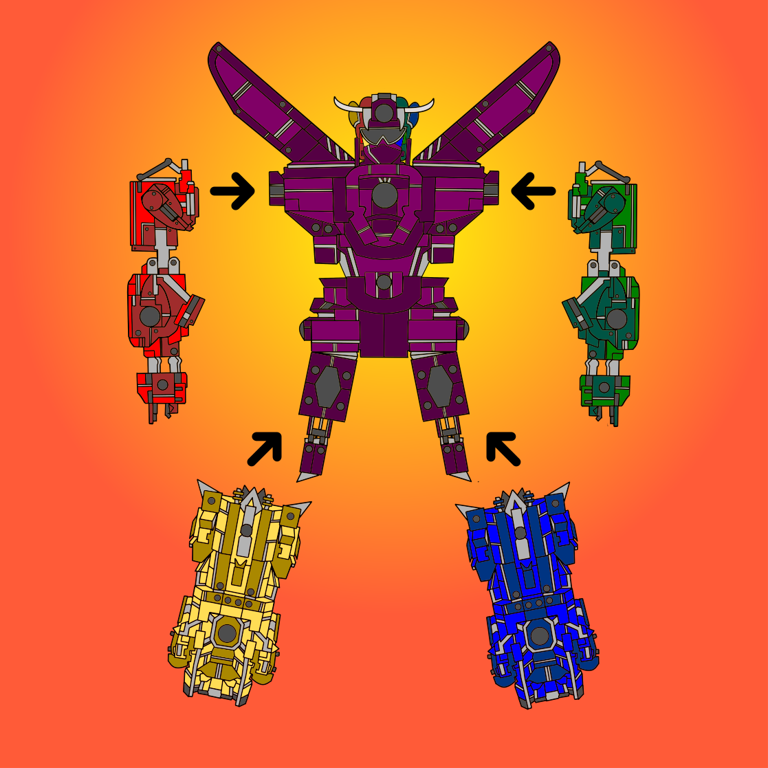 A giant robot which is itself formed out of smaller giant robots, in the style of Japanese children's television programs.